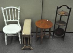 A white painted chair, oak plant stand, drop leaf table and another table