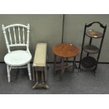 A white painted chair, oak plant stand, drop leaf table and another table