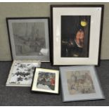 Two pencil and pastel Continental street scenes by Horne, glazed and framed,