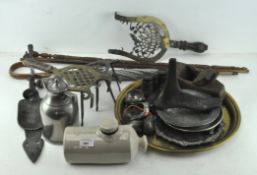 Assorted metalware and other collectables, to include a brass charger, umbrella,