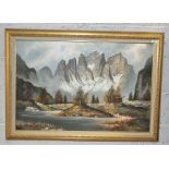 A large 20th century oil on canvas, depicting a mountainous landscape