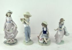 A group of four Lladro figures, to include girl sitting by a floral basket,