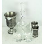 Three Austrian pewter goblets together with a Dartington crystal glass decanter and two glasses