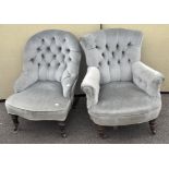 Two Victorian button back chairs with light blue velour upholstery,