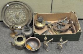 A box of assorted copper and brassware, including a 'Watneys' charger, teapot, horse brasses,