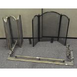 A group of various fire screens and a brass fire fender,