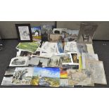 A collection of assorted watercolours and prints, featuring landscapes and portraits,