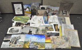 A collection of assorted watercolours and prints, featuring landscapes and portraits,