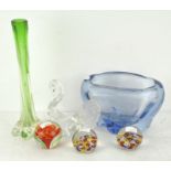 A selection of glassware, including three paperweights (unsigned), a green vase,