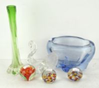 A selection of glassware, including three paperweights (unsigned), a green vase,