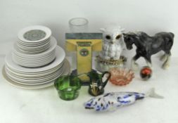 A collection of contemporary glass and ceramics, including a paperweight, green glass bowl,