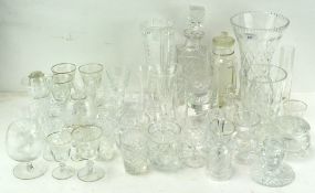 A lead crystal cut glass square decanter and stopper together with a quantity of other glassware,