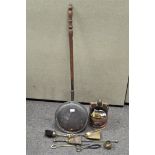 A quantity of copper & brass including fire irons and a warming pan