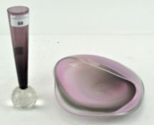 A Mdina glass dish in pink and grey, signed to the base, max width 20cm,
