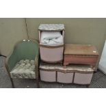 Pink Lloyd Loom style chair, bedside cabinet and a green wicker chair,