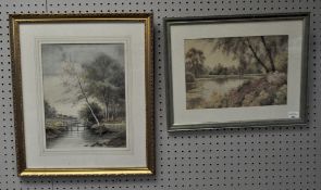 A watercolour of a lady walking across a bridge, signed C F Rump,