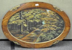 An oval painting, oil on board, depicting a row of tress along a pathway