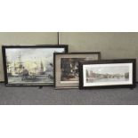 A group of large pictures and prints, including a battle seascape,