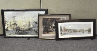 A group of large pictures and prints, including a battle seascape,