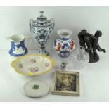 Assorted items, to include a two handled blue and white urn,