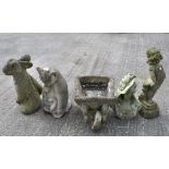 Cast stone ornaments including a rabbit, cat, figure of a young girl,