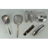 Assorted silver dressing table items, most with engine turned detailing, including brushes,