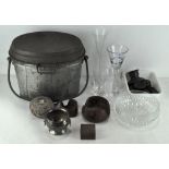 A collection of metal and glassware, including a silver plated twin handled pot,