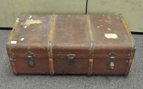 A 20th Century wood banded trunk with metal fittings and clasp, height 30cm, width 92cm,