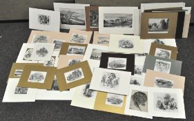 A collection of mounted prints, including 19th century topographical, views of London,