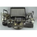 A selection of silver plated wares, to include a tea set, coffee pot, fish knives in canteen,