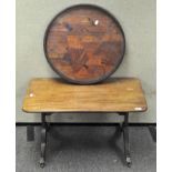 A mahogany coffee table of rectangular form together with an unusual inlaid parquetry tray