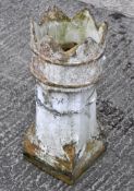 A white painted buff terracotta crown top chimney pot,
