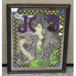 A vintage JOB advertising mirror depicting a lady smoking, wooden framed,