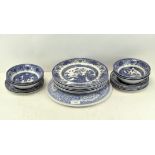A parcel of blue and white ceramics including willow pattern