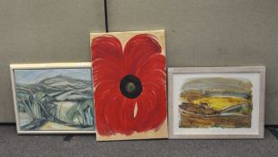 Three contemporary oil on canvas paintings, two depicting landscapes and the other a poppy,