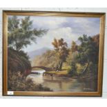 An oil on canvas landscape painting of a woman beside a bridge, signed 'P Wilson', 49cm x 60cm,