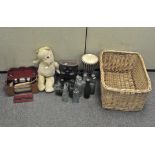A selection of old glass bottles, a bongo drum, a pair of Bloomed lens binoculars in leather case,