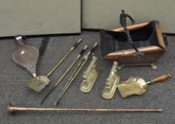 A collection of brass items, to include a 20th century copper coal scuttle,