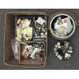 A box of sewing related items, including cotton reels,