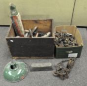 Two boxes of assorted metalware and tools, including a ceiling light with enamel shade,