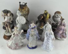 A collection of assorted ceramic figures, including Wedgwood ladies,