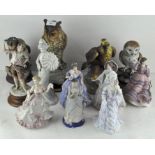 A collection of assorted ceramic figures, including Wedgwood ladies,