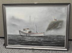 A contemporary oil on board, depicting a boat at sea with a lighthouse in the distance,