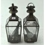 A pair of 20th Century brass hanging lanterns, with engraved glass panels,