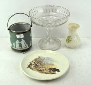 A Wedgwood biscuit barrel, Belleek vase and assorted china and glass