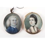 A near pair of miniature portraits on ivory, probably circa 1740,