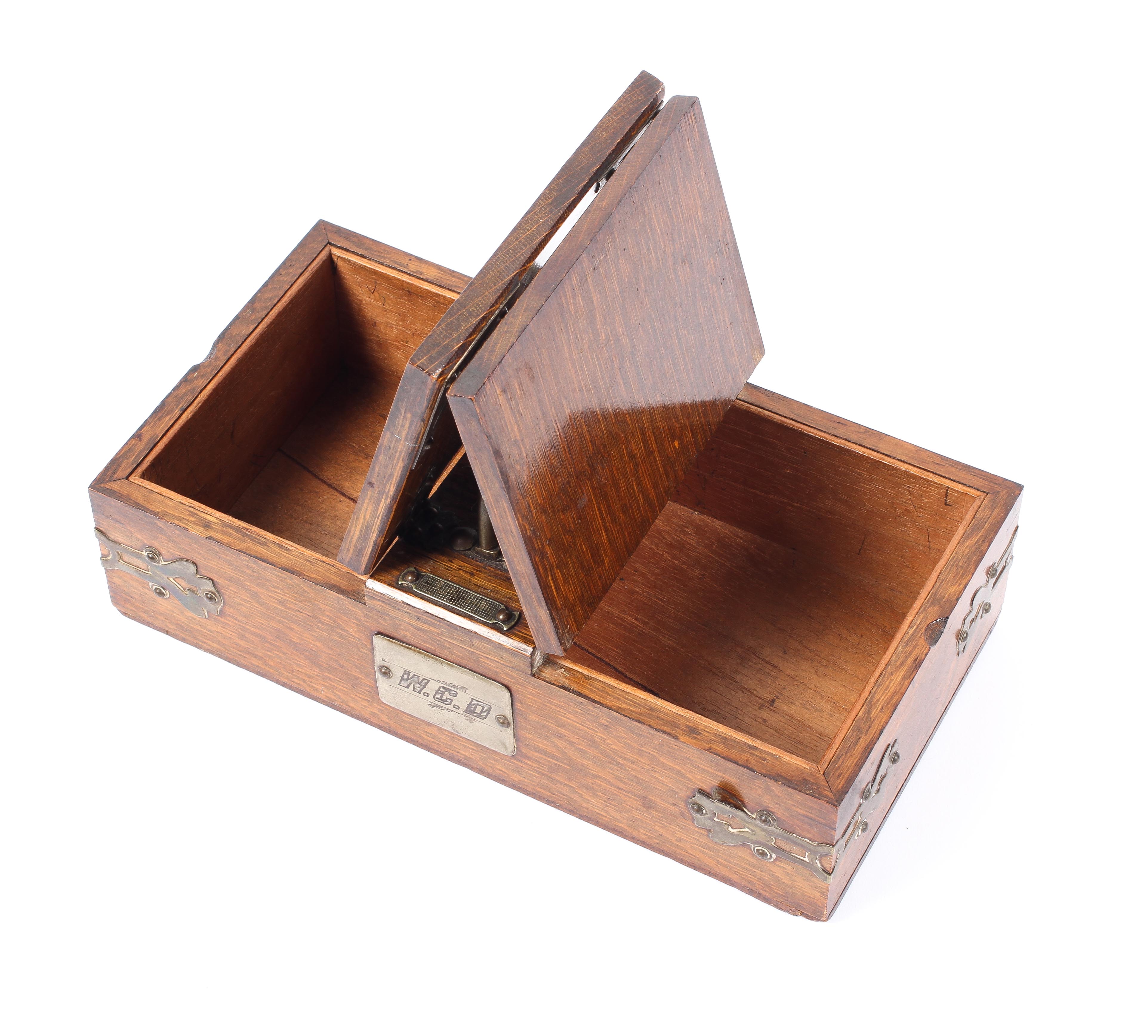 A late 19th century oak cigar and cigarette box, with dual compartments, - Image 2 of 2