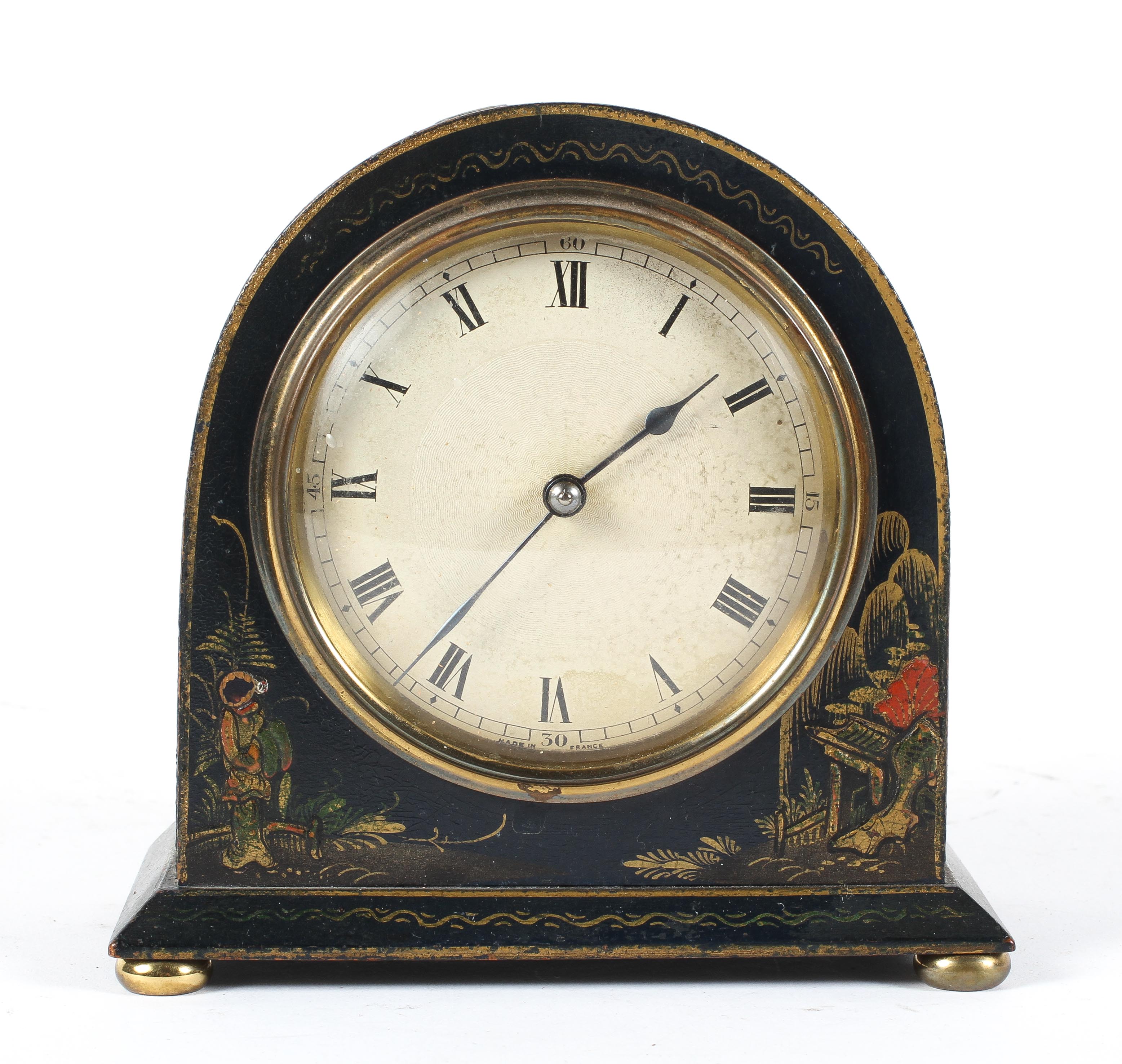 A Georgian style mantel clock, the guilloche enamelled dial on a French brass eight day movement,