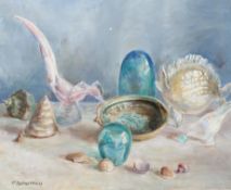 A 20th Century oil on canvas, depicting a still life of shells and glassware,