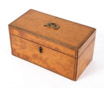 A 19th century satinwood tea caddy, with twin canister interior, lacking mixing bowl,